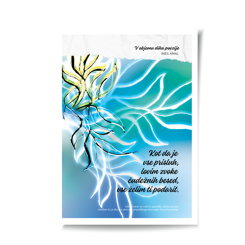 In the enbrace of poetry breathe I V objemu diha poezije I visual poetry card, English verse, portrait format with white border I giclee fine art print I visual poetry I vizualna poezija I Ines Amal I unigue I Book of poetry I poezija I Amal Studio I art