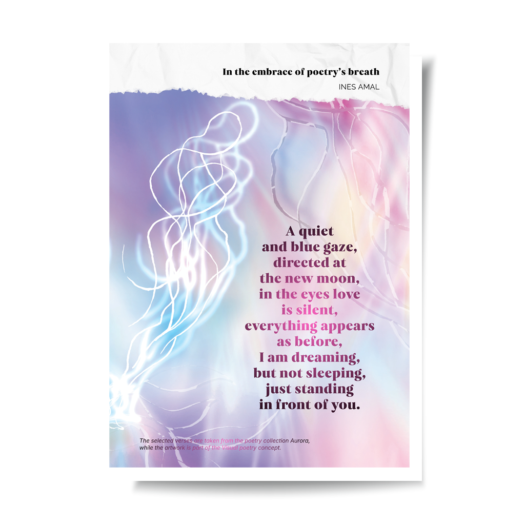 In the enbrace of poetry breathe I V objemu diha poezije I visual poetry card, English verse, portrait format with white border I giclee fine art print I visual poetry I vizualna poezija I Ines Amal I unigue I Book of poetry I poezija I Amal Studio I art I umetniški tisk I book of poerty I zbirka poezije I knjiga