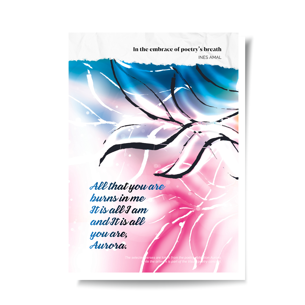 In the enbrace of poetry breathe I V objemu diha poezije I visual poetry card, English verse, portrait format with white border I giclee fine art print I visual poetry I vizualna poezija I Ines Amal I unigue I Book of poetry I poezija I Amal Studio I art I umetniški tisk