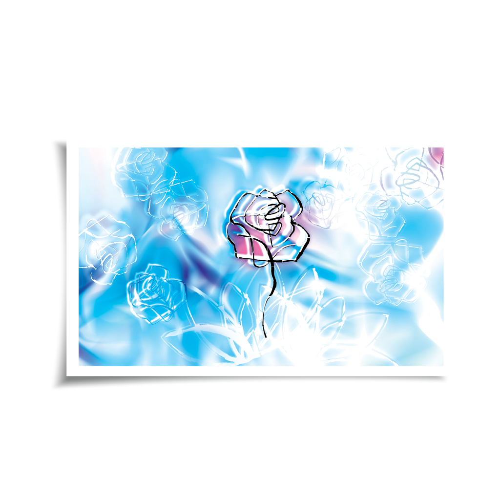 Aurora poetry, artwork, poetry, ines Amal, giclee print, art print, painting, rose, artist I Aurora – Amor No.2, giclée art print, close-up of iridescent rose in pink-violet-blue tones with bold geometric outlines and glowing rose silhouettes | Ines Amal | Amal Studio I visual art I book of poerty I poetry I art I unique