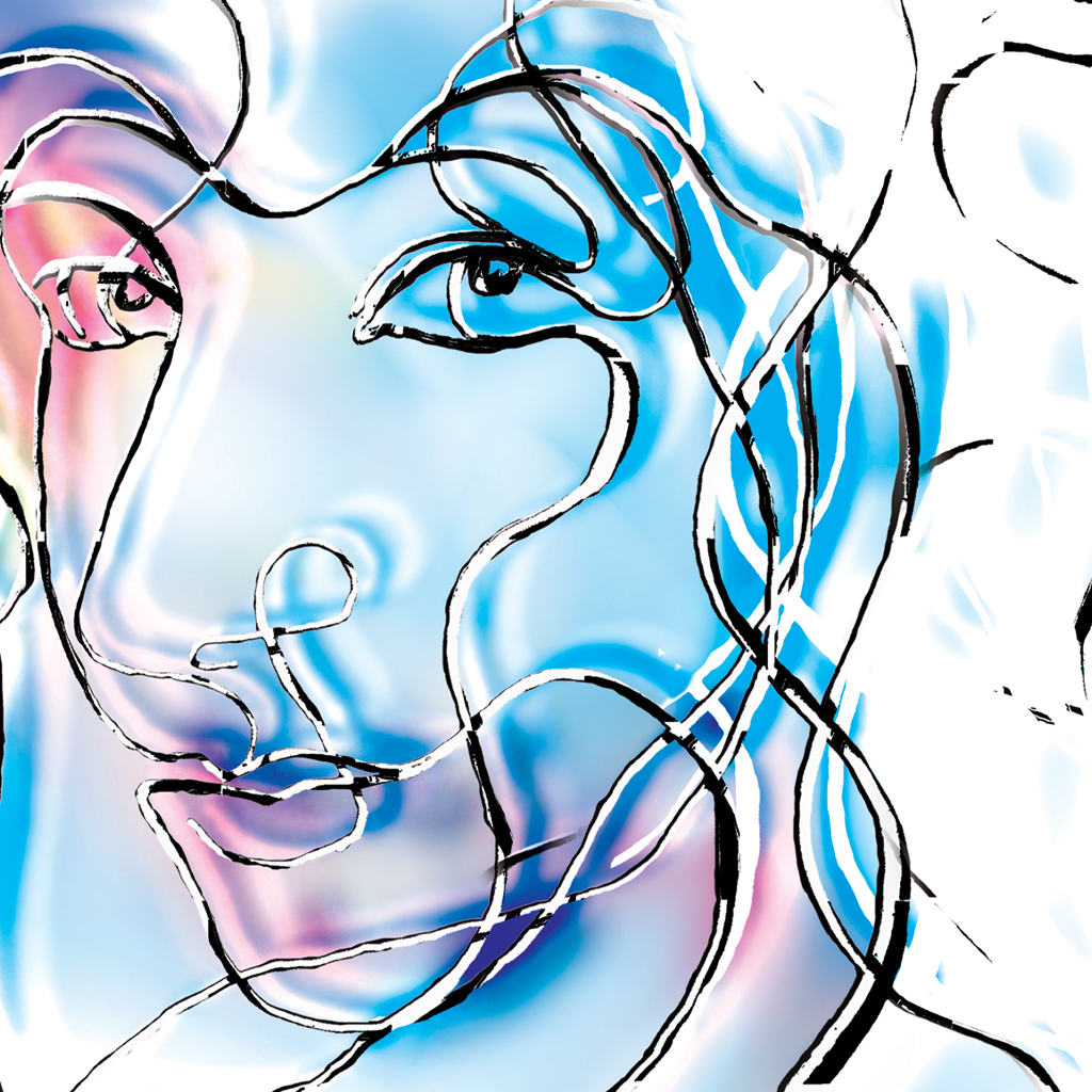 Aurora poetry, Miona lisa, painting, giclee print, art print, artwork, Ines Amal I Aurora – The Chosen One, giclée art print, horizontal mockup showing two luminous female faces in one-line drawing style on dreamy blue background with roses | Ines Amal | Amal Studio I poetry I visual art I book of poetry