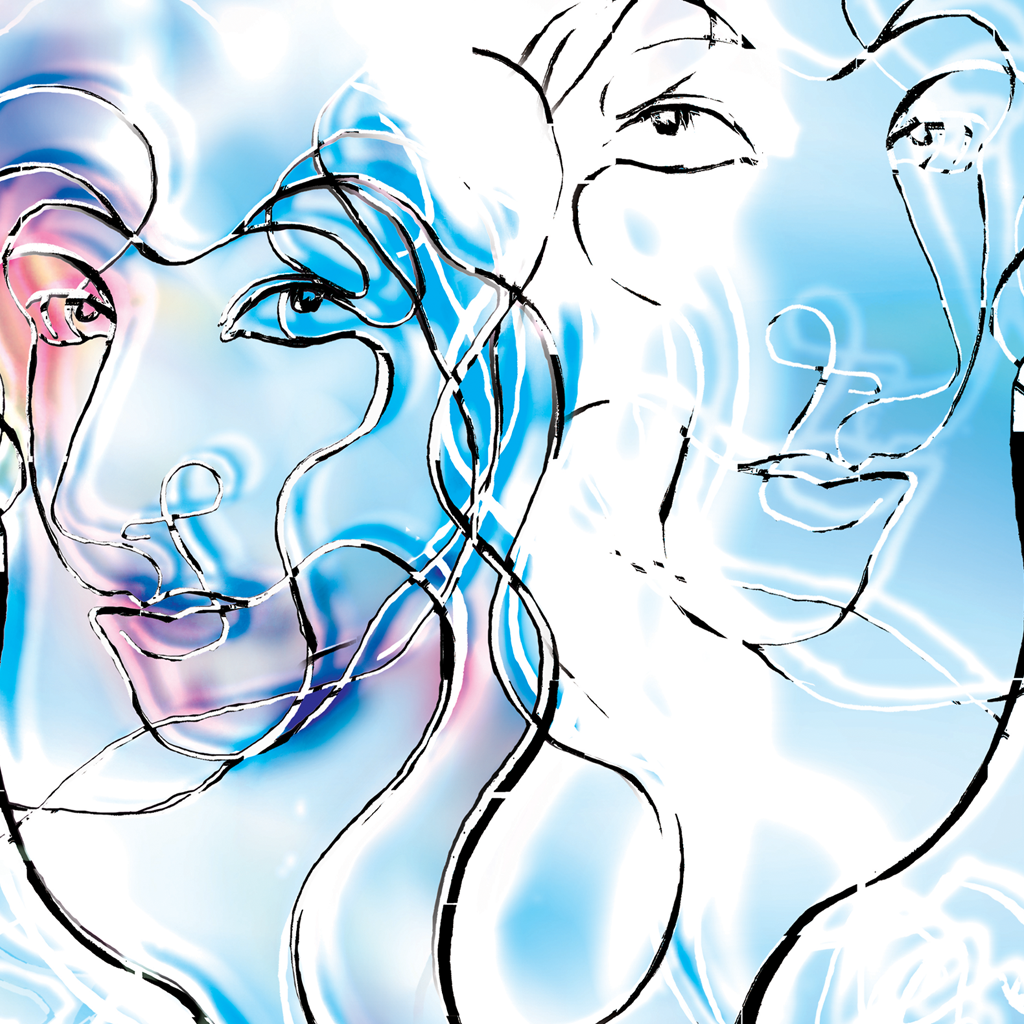 Aurora poetry, Miona lisa, painting, giclee print, art print, artwork, Ines Amal I Aurora – The Chosen One, giclée art print, horizontal mockup showing two luminous female faces in one-line drawing style on dreamy blue background with roses | Ines Amal | Amal Studio I poetry I visual art I book of poetry
