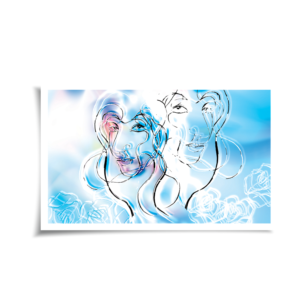 Aurora poetry, Miona lisa, painting, giclee print, art print, artwork, Ines Amal I Aurora – The Chosen One, giclée art print, horizontal mockup showing two luminous female faces in one-line drawing style on dreamy blue background with roses | Ines Amal | Amal Studio I poetry I visual art I book of poetry