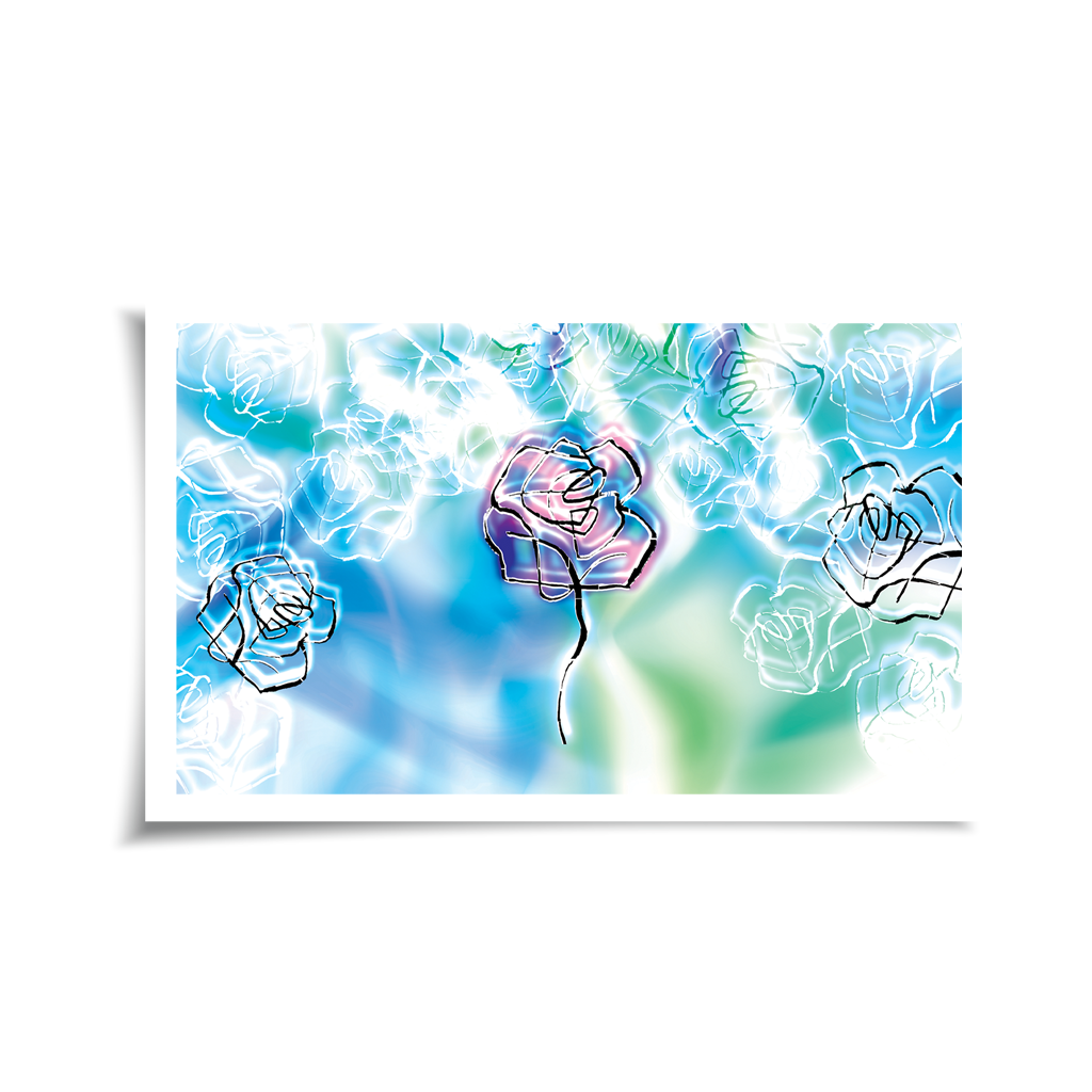 Aurora – Forms of Transparency, giclée art print, full horizontal composition with luminous roses in blue-green light | Ines Amal | Amal Studio I Aurora