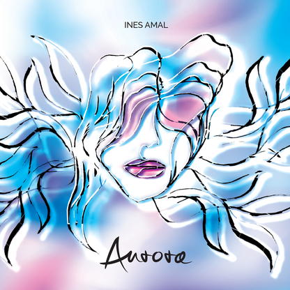 Book of poerty, poetry, poezija, Ines Amal, artwork, art, painting, digital art, mixedmedia painting, giclee print, art print, artist I Aurora – English Edition of Poetry, poetry book mockup, square cover with luminous female face in blue-white tones, one-line drawing art | Ines Amal | Amal Studio