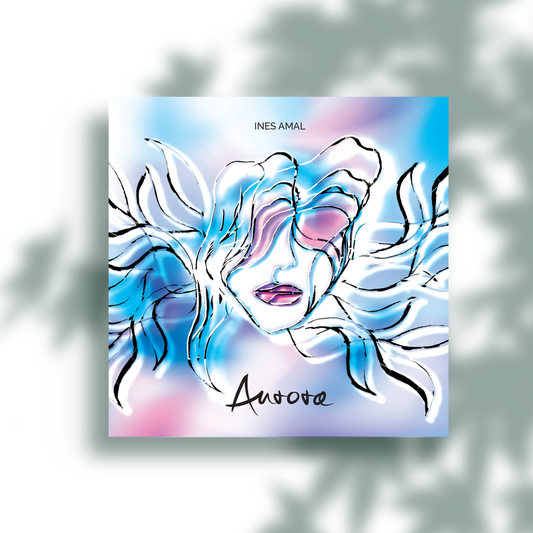 Book of poerty, poetry, poezija, Ines Amal, artwork, art, painting, digital art, mixedmedia painting, giclee print, art print, artist I Aurora – English Edition of Poetry, poetry book mockup, square cover with luminous female face in blue-white tones, one-line drawing art | Ines Amal | Amal Studio