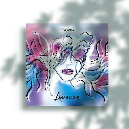 Aurora – Slovenska izdaja poezije, poetry book, square cover with luminous female face in blue-violet-pink tones, one-line drawing art | Ines Amal | Amal Studio I visial poetry I poezija I art 